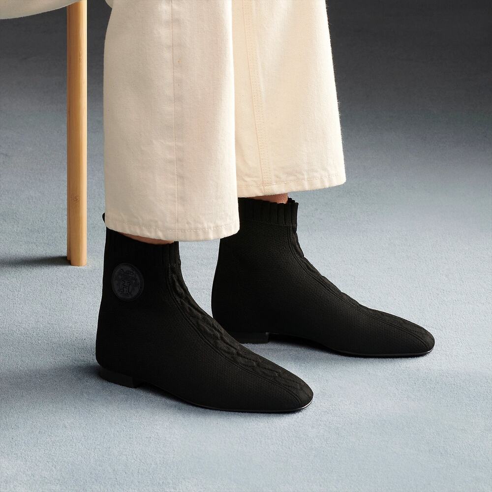 HERMES Knit Calfskin Logo Accent Square Toe Duo Ankle Boots Size EU 40 US 10